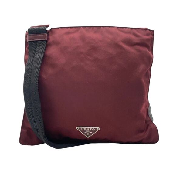 Prada Vela Flat Messenger Bag Triangle Logo Bordeaux Red Nylon Plate - Picture 1 of 14